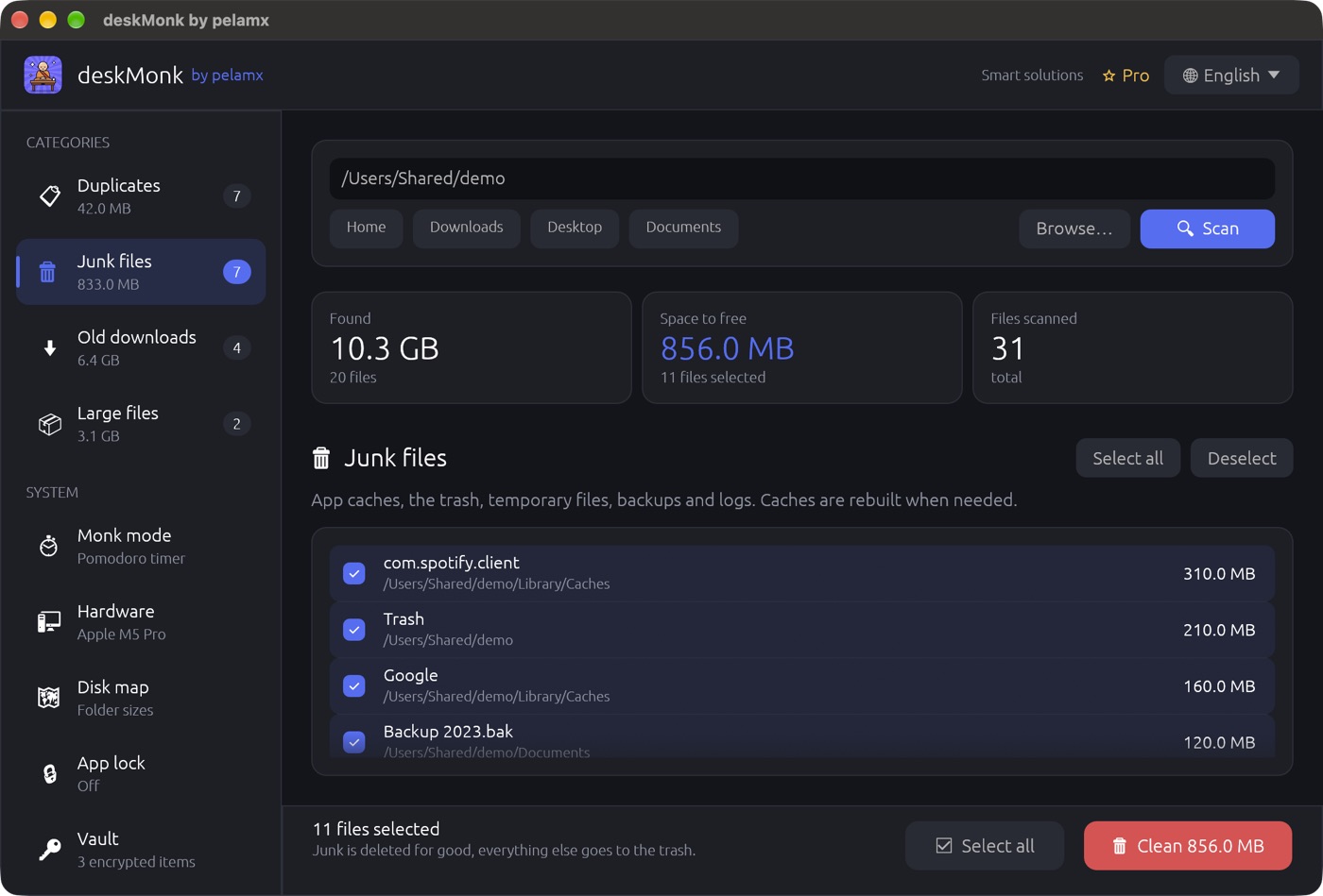 deskMonk showing 856 MB of junk files ready to clean
