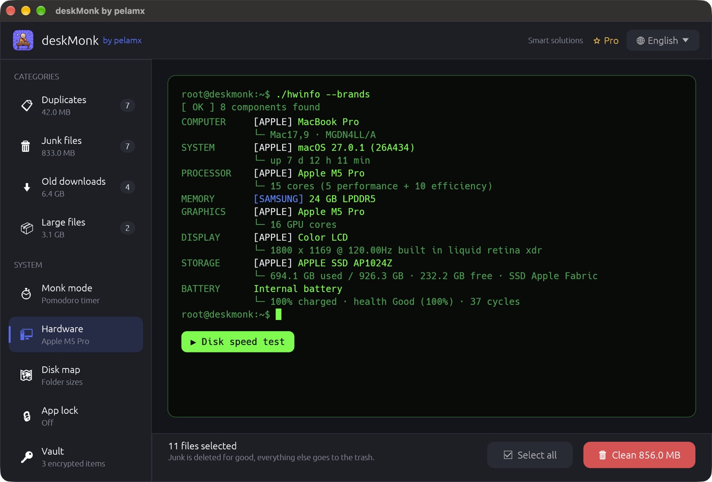 Hardware: every component with its brand, plus a disk speed test