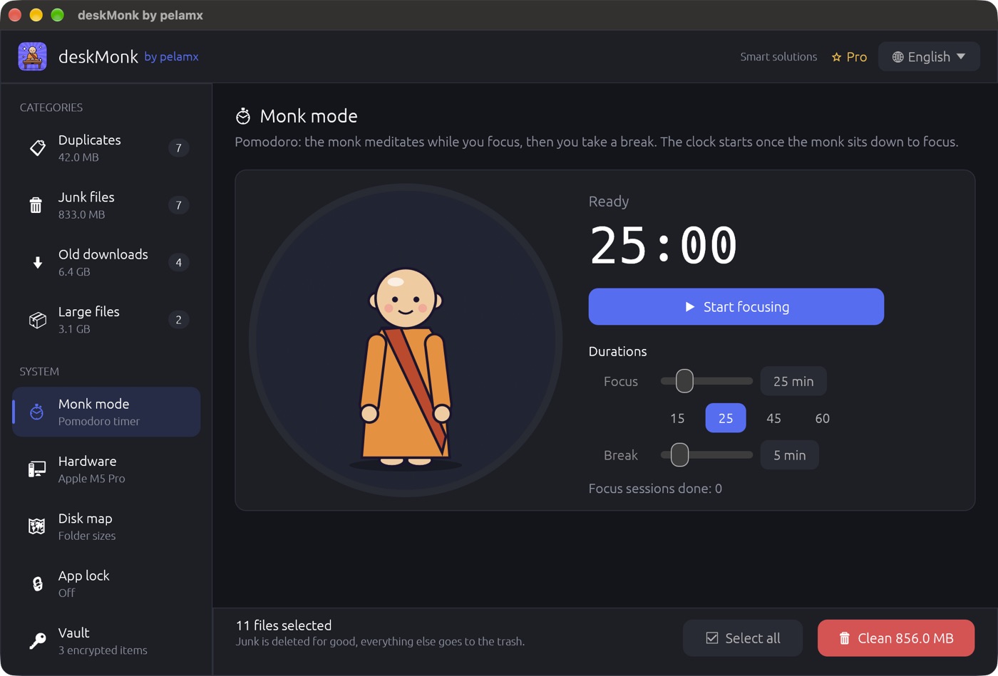Monk mode: a pomodoro focus timer with a meditating monk